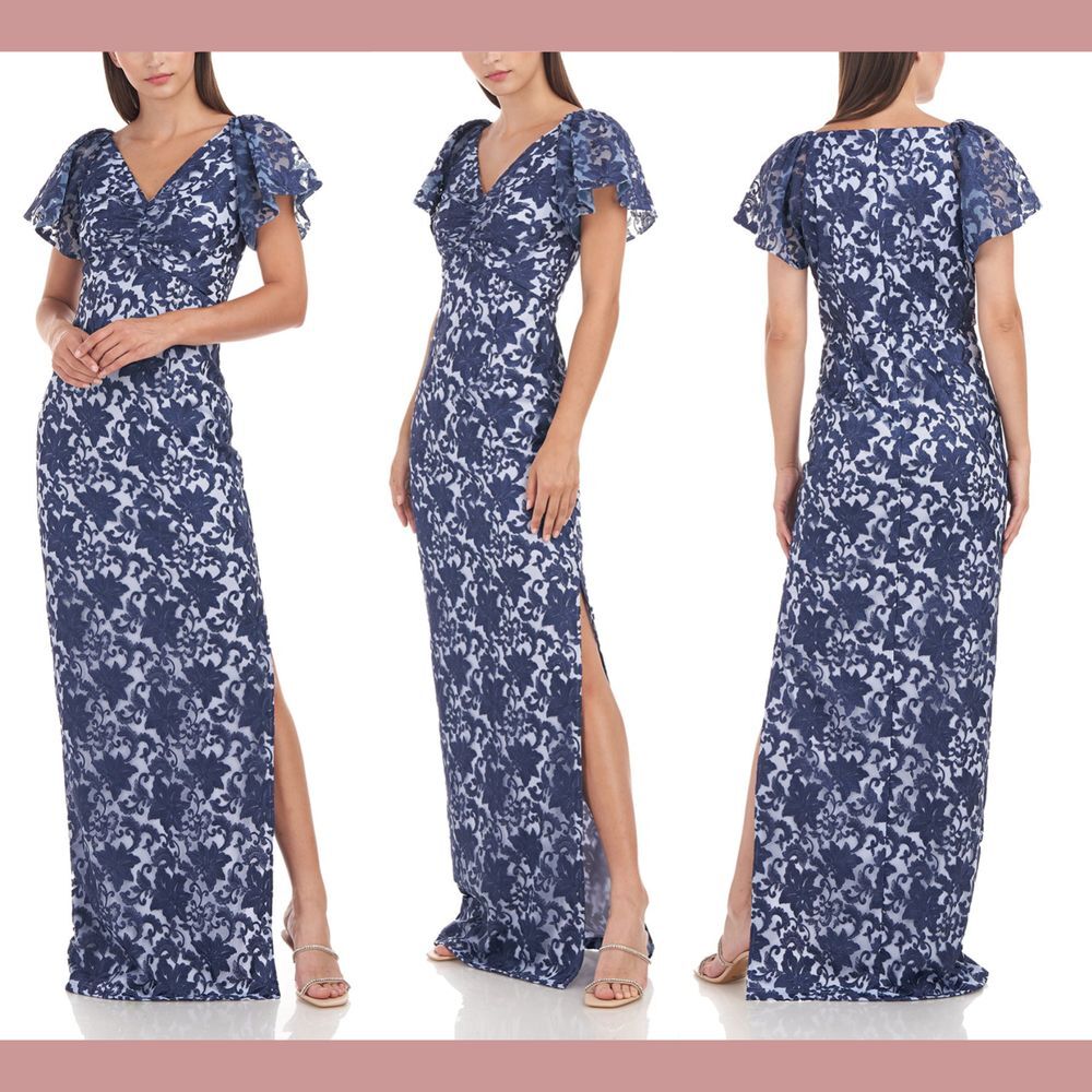 NEW $278 JS Collections [ 0 ] Aurora Flutter Column‎ Gown Blue #Q963